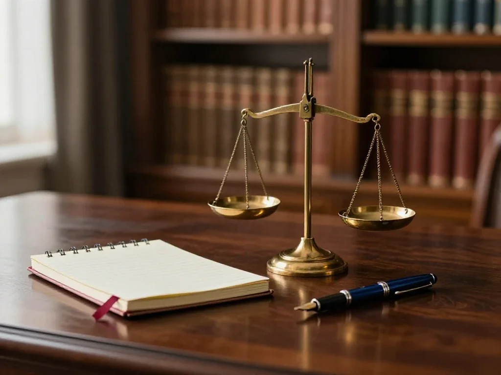 Balance de la justice sur un bureau en bois illustrant les différentes rubriques du quotidien.
