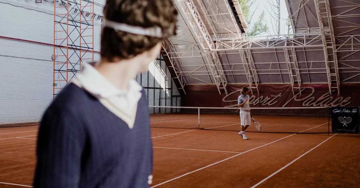 Joueurs de tennis sur un court de terre battue en intérieur pendant un match compétitif.