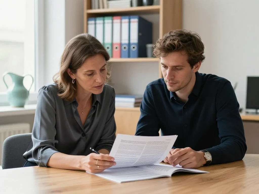 Deux collègues échangent autour de documents imprimés dans un bureau clair pour analyser l'actualité.